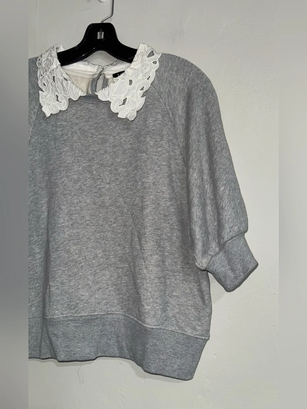 J. Crew Light Gray Puff-Sleeve Sweatshirt with White Floral Collar
